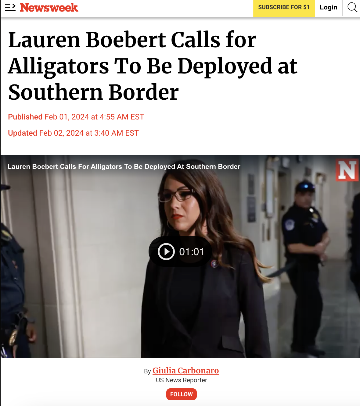 girl - Newsweek Lauren Boebert Calls for Subscribe For $1 Login Q Alligators To Be Deployed at Southern Border Published at Est Updated at Est Lauren Boebert Calls For Alligators To Be Deployed At Southern Border N By Giulia Carbonaro Us News Reporter